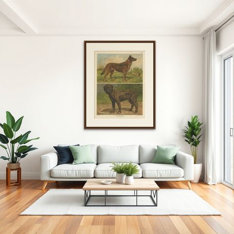 Large Antique Dog Poster, Shepherd and Mastiff by Briedwiser c.1880, shown framed in a room