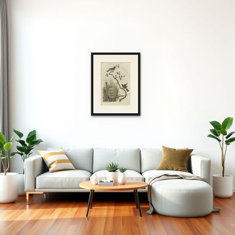 Original Hand-Colored Bird Print of the Marsh Tit with Nest and Eggs, 1770, shown framed in a room