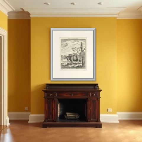 Old Print of a Bull or Bison from the French North America, Canada, Ca.1760, shown framed in a room