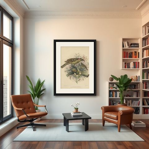 Antique Bird Print of the Great Grey Bowerbird by Elliot, c.1873, shown framed in a room