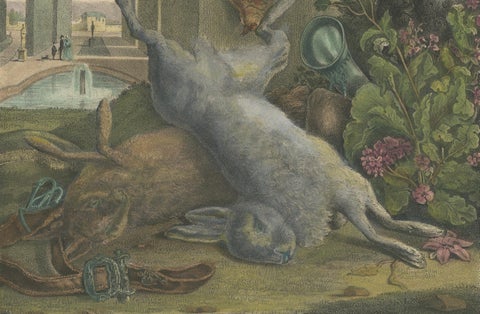 1835 Hand-Colored Lithograph: Hunting Still Life with Game and Dog, close-up 4