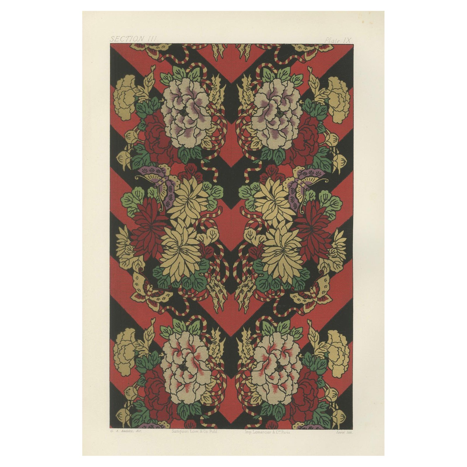Japanese Floral and Butterfly Textile Pattern: Antique Lithograph, 1880s