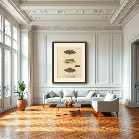 Moth Metamorphosis Dedicated to Earl of Cardigan, 1724, shown framed in a room