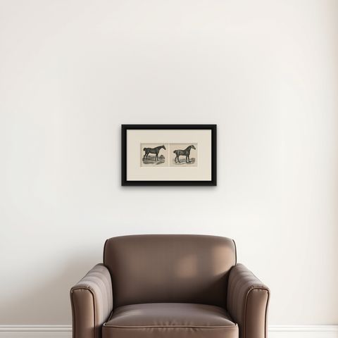 Johnny & An Old Hunter, Pair of Antique Sporting Horse Lithographs c.1840, shown framed on a wall