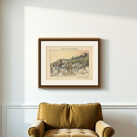 Antique Print of Horse Races, circa 1900, shown framed on a wall