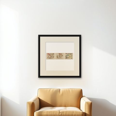 Fly Agaric & Chanterelle Mushrooms, Antique Botanical Lithograph Set, 1885, shown framed on a wall