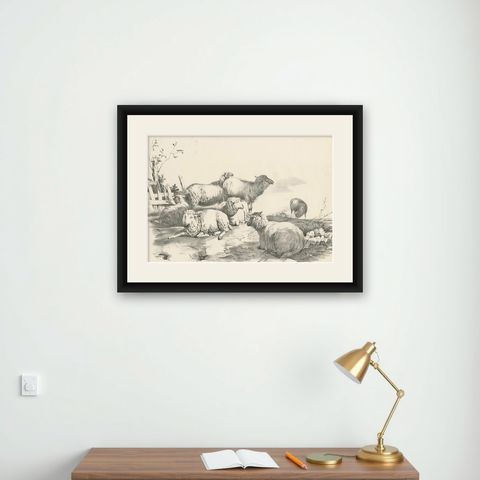 No. 22 Antique Print of Sheep by Cooper, 1839, shown framed on a wall