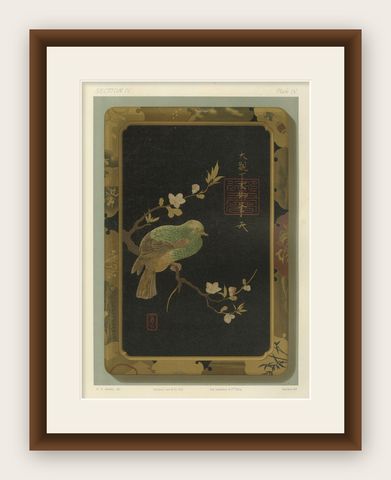 Japanese Bird and Blossom Lacquer Tray: Antique Lithograph, 1880s, shown framed