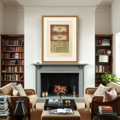 18th Century French Wall and Border Decoration, Rococo Floral Frames, Plate XCI, shown framed in a room
