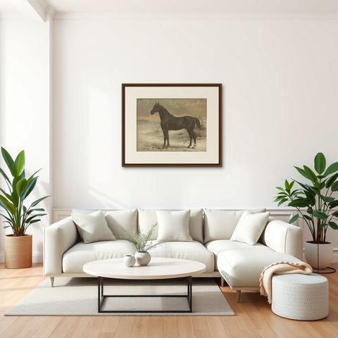 Antique Print of the Russian Half-Blood Horse by O. Eerelman, 1898, shown framed in a room