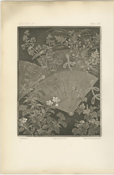 Japanese Fans and Floral Heliogravure Print by G. A. Audsley, Paris, c. 1880, view 2