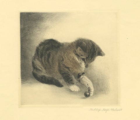Kitten Playing with a Marble, Etching by Kurt Meyer-Eberhardt, 1977 Estate, close-up 6