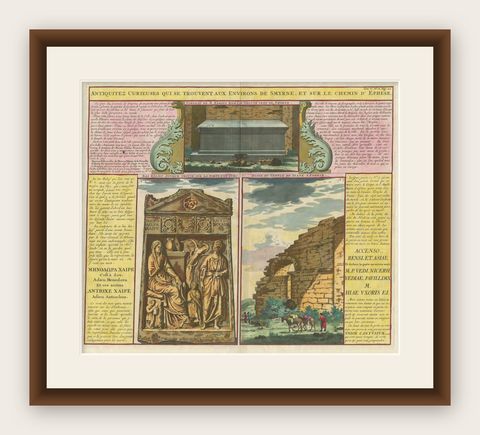 Antique Print showing Monuments in Ephesus, present-day Izmir province, Turkey, shown framed