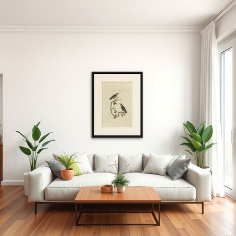 Antique Bird Print of the Eurasian Nuthatch by Sepp & Nozeman, 1829, shown framed in a room
