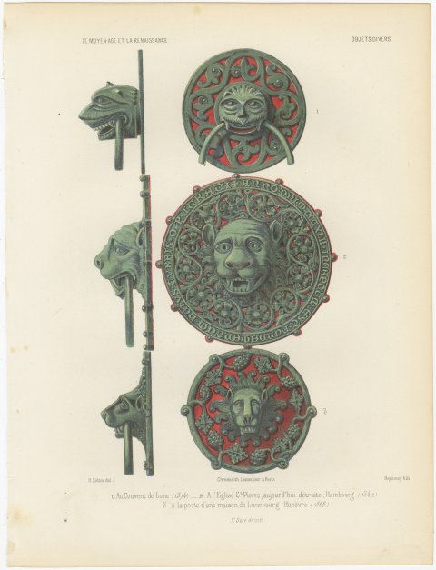 Lion Head Door Knockers, Lüneburg and Hamburg, Antique Print, 1851, view 2