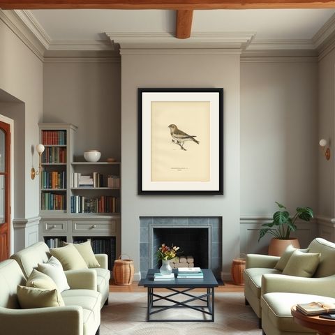 Decorative Original Antique Bird Print of The Snow Bunting, 1927, shown framed in a room