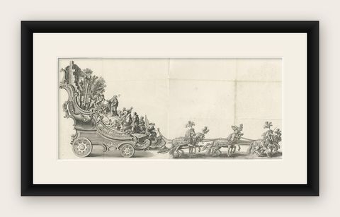 Remarkable Antique Print of a Horse Drawn Float with Religious Figures, 1775, shown framed