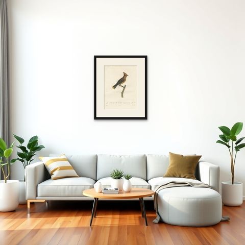 1807 Cedar Waxwing Print - Original Handcolored Bird Illustration by Vieillot, shown framed in a room