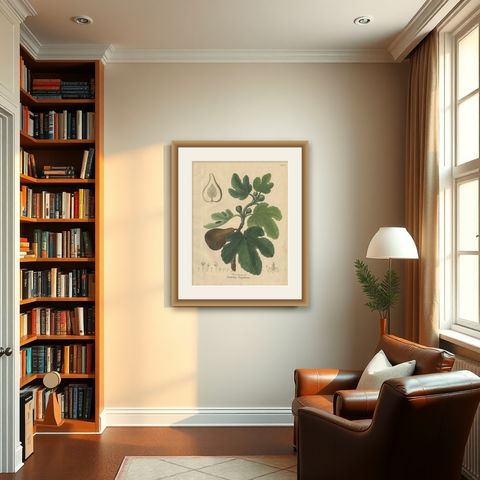Antique Fig Botanical Print, Ficus Carica, Hand Colored, c.1831, shown framed in a room