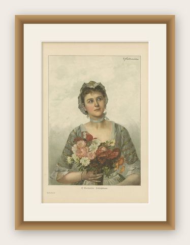 Portrait of a Flower Maiden, 19th-Century Chromolithograph by Warthmüller, shown framed