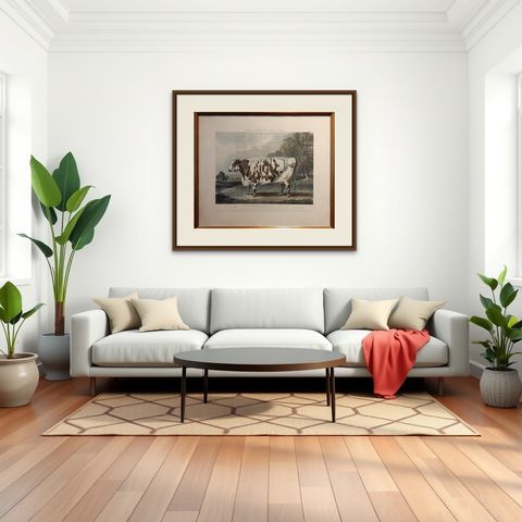 Antique Print of the Everingham Short Horned Prize Cow, 1843, shown framed in a room