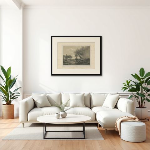 Antique Print of a Pasture with Cattle by Neumann 'c.1860', shown framed in a room