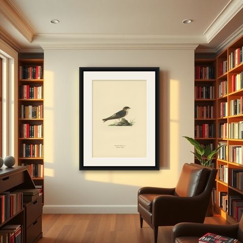 Antique Bird Print of the Common House Martin by Von Wright, '1927', shown framed in a room