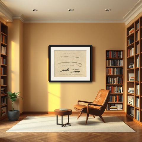Antique Salamander & Reptile Lithograph by Karl Joseph Brodtmann, 1816, shown framed in a room