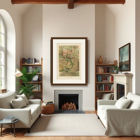 Wall Lizards, Antique Reptile Natural History Print by P.J. Smit, 1895, shown framed in a room
