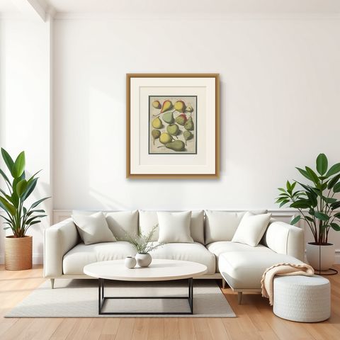 Tab I Antique Print of Various Pears by Knoop (1758), shown framed in a room