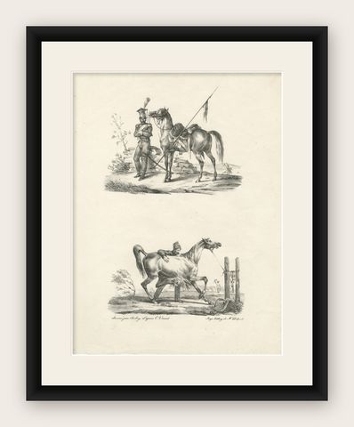 Antique Arabian Horse & Cavalry Lithograph after Carle Vernet, c.1825, shown framed