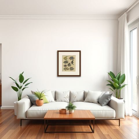 Angelfish, Butterflyfish and Moorish Idol, Antique Bertuch Print, circa 1805, shown framed in a room