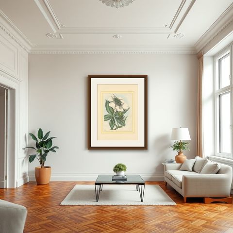 1858 Hand-Colored Lithograph of Flower Beetles on a Blossom, shown framed in a room