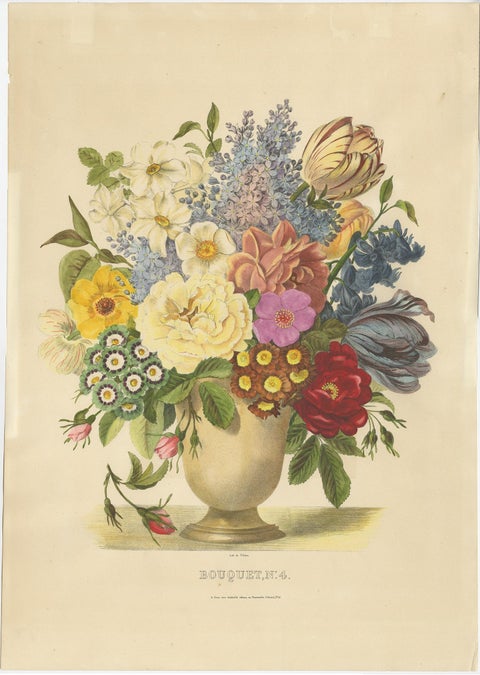 Antique Print of a Flower Bouquet by Villain, circa 1850, view 2