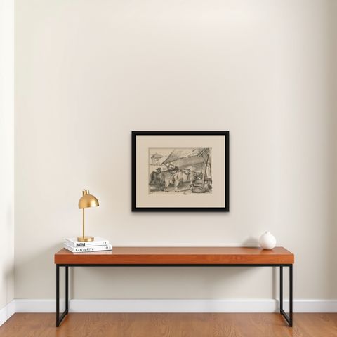 19th Century Antique Print of Horses and a Goat by Cooper, 1839, shown framed on a wall