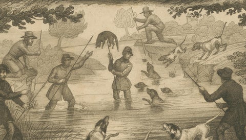 Badger and Otter Hunt, Antique German Engraving, circa 1840, close-up 6