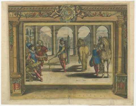 Antique Print of French Men Training Two Horses Near The Louvre, France, 1627, view 2