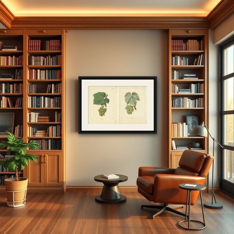 Set of Two Antique Prints of Various Green / White Grape Varieties, shown framed in a room