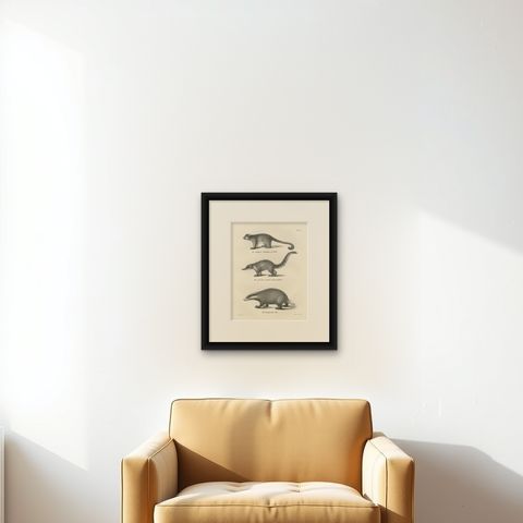 Rare 19th-Century Lithograph of Kinkajou, Coati, and European Badger, shown framed on a wall