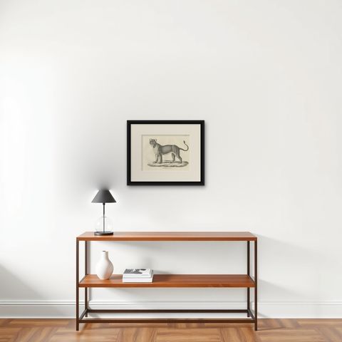 19th-Century Lithograph of the Barbary Lioness in a Powerful Standing Pose, shown framed on a wall