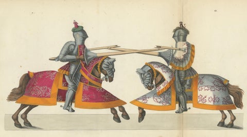 19th-Century Hand-Coloured Knightly Joust: Ornate Armor & Horses in Action, close-up 5