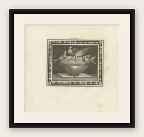 Antique Print of Birds and a Birdbath, circa 1820, shown framed