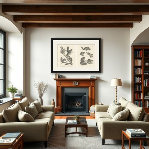 Antique Lithographs of Squirrels & Flying Squirrels, 19th Century, shown framed in a room