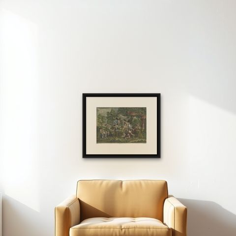 Rare Hand-Colored Antique Engraving of Flora Lying on a Bed Surrounded by Angels, shown framed on a wall