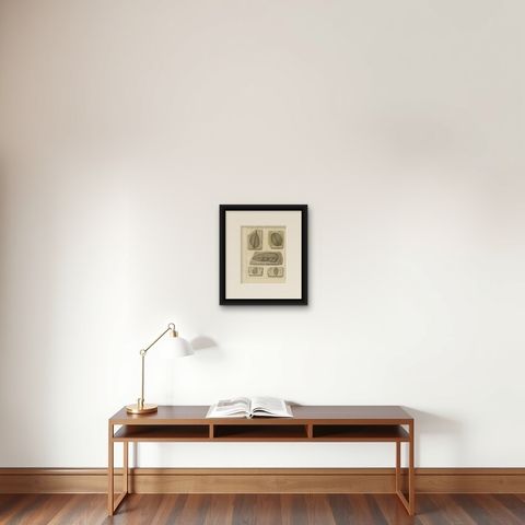 Antique Print of Fossil Leaves from the Prehistoric Period, shown framed on a wall