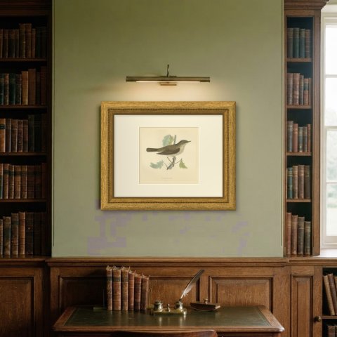 Nightingale Perched among Lobed Leaves, Morris Bird Print, 1896, shown framed on a wall