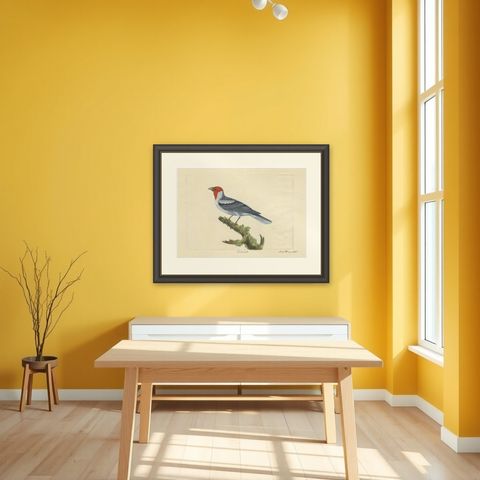 Red-Crested Cardinal - Antique Hand-Colored Print with William Hayes Sign, 1780, shown framed in a room