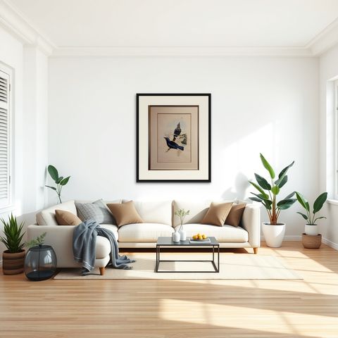 Antique Bird Print in Frame of the Black-Mantled Fairy Bluebird by Gould, 1870, shown framed in a room