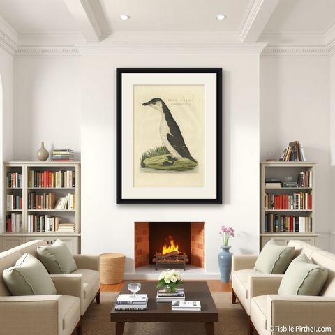 Antique Bird Print of a Young Puffin by Sepp & Nozeman, 1829, shown framed in a room