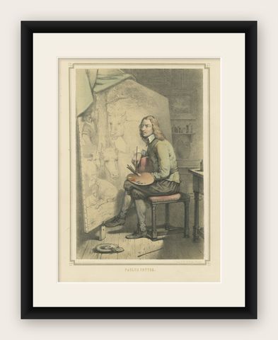 Paulus Potter, Dutch Animal Painter at Work, Hand-Colored Lithograph, ca.1850, shown framed
